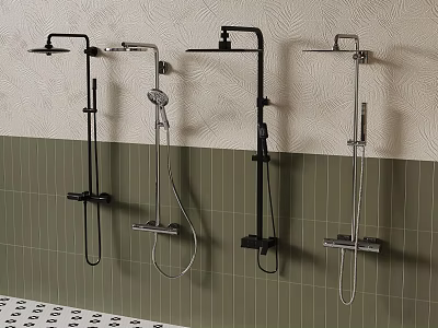 Wall Mounted Shower Heads In Different Styles On Green Tile Bathroom Wall 3d model