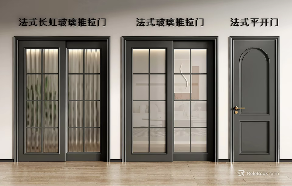 French Style Sliding Doors With Fluted Glass And Clear Glass For Home Interior Design 3d model 