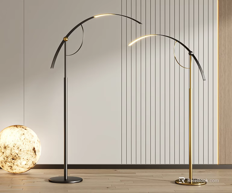 Arched Floor Lamps Modern Black Gold Metal Design With Striped Wall And Spherical Decor 3d model 
