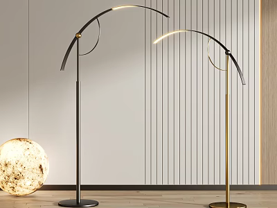 Arched Floor Lamps Modern Black Gold Metal Design With Striped Wall And Spherical Decor 3d model