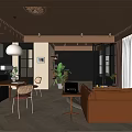 Modern Dining And Living Room Interior Design With Brown Walls Herringbone Flooring And Pendant Light