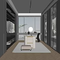 Modern Walk in Closet Interior With Grey Wardrobes Beige Dressing Table And Green Plant