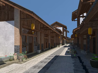Traditional Commercial Street With Wooden Architecture Hanging Lanterns And Stone Paved Path 3d model