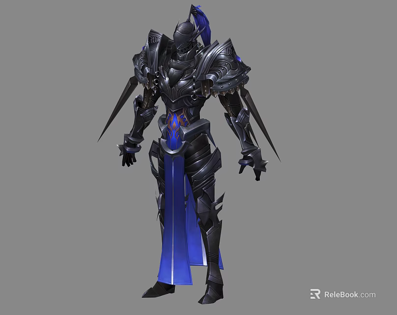 Fantasy Warrior Game Movie Character in Black Armor with Blue Cape and Spikes 3d model 