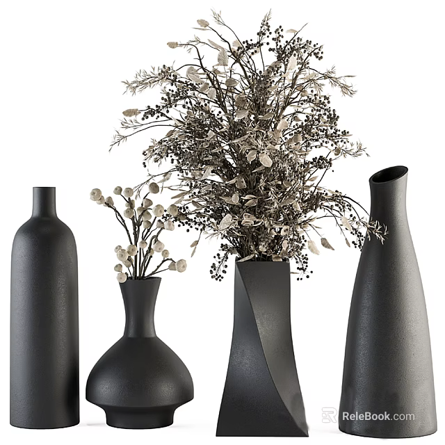 Black Ceramic Vases with Dried Flowers and Modern Shapes for Interior Decor 3d model 