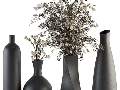 Black Ceramic Vases with Dried Flowers and Modern Shapes for Interior Decor 3d model