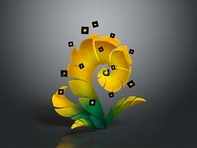 Spiral Plant With Yellow Green Gradient Leaves And Black Square Ornaments With Yellow Centers 3d model