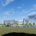 Modern Industrial Factory Park With Glass Buildings Green Landscaping And Wide Road