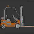 Orange Industrial Forklift With Metal Cab And Front Forks On Black Surface
