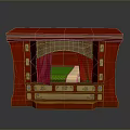 Traditional Red Decorative Furniture With Carved Patterns Green Cushion And Red Curtains