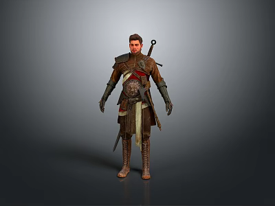 Medieval Man in Leather Armor Carrying Sword with Leather Bracers and Belt 3d model