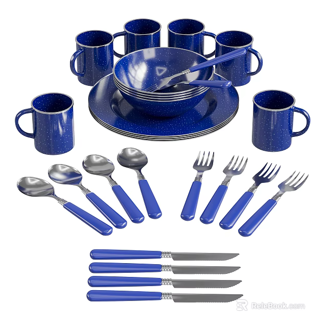 Complete Blue Tableware Set With Mugs Bowls Plates Spoons Forks And Knives 3d model 