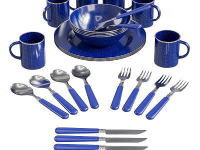 Complete Blue Tableware Set With Mugs Bowls Plates Spoons Forks And Knives 3d model