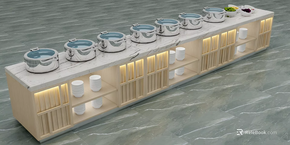Modern Display Shelving With Covered Pots White Bowls And LED Strip Lighting 3d model 
