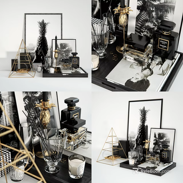 Elegant Luxury Decorative Ornament Combination With Gold Geometric Decor And Black Glass Trays 3d model 