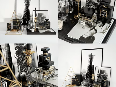 Elegant Luxury Decorative Ornament Combination With Gold Geometric Decor And Black Glass Trays 3d model