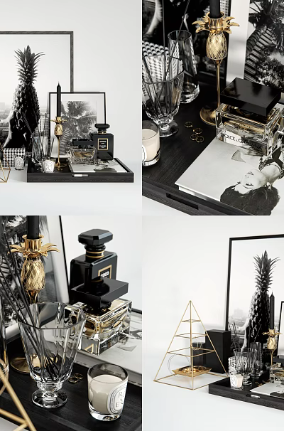 Elegant Luxury Decorative Ornament Combination With Gold Geometric Decor And Black Glass Trays 3d model