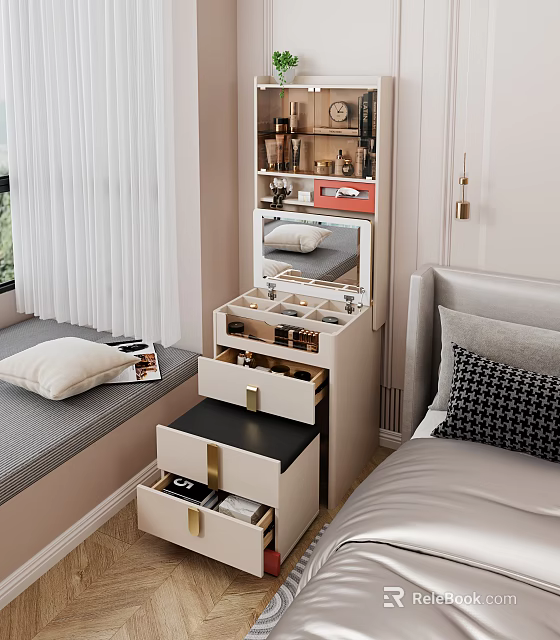 Modern Dressing Table With Mirror And Storage Drawers In Bedroom Space 3d model 