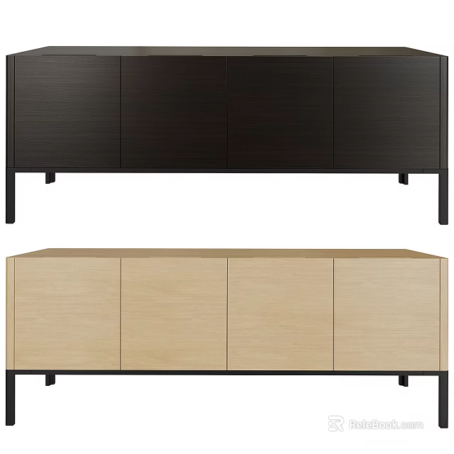Light and Dark Wooden Storage Cabinets with Four Doors and Black Legs 3d model 