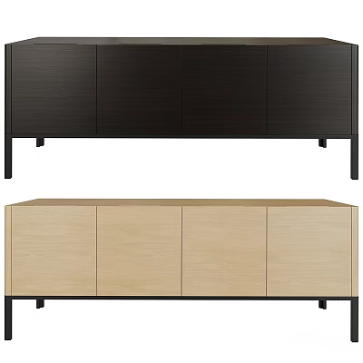 Light and Dark Wooden Storage Cabinets with Four Doors and Black Legs 3d model