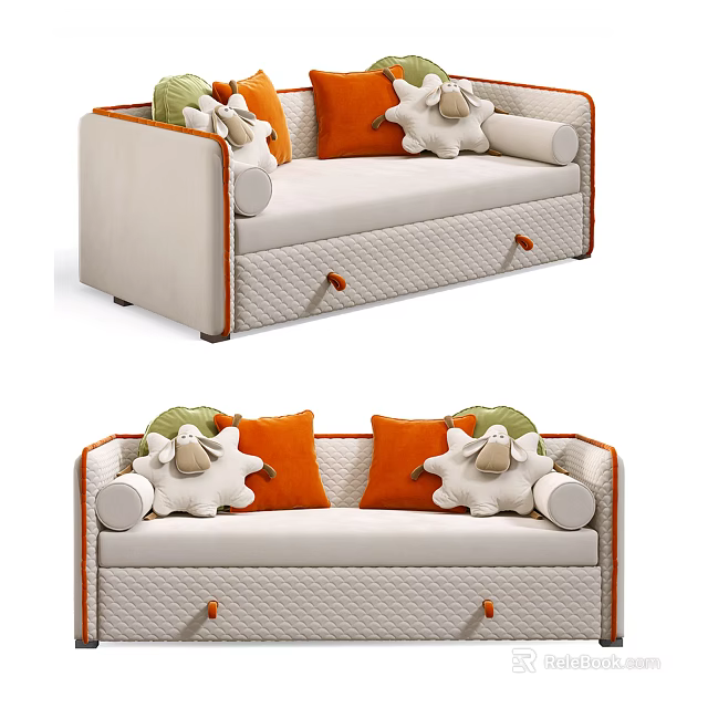 Beige Sectional Sofa with Orange Trim Cushions White Stuffed Sheep and Drawers 3d model 