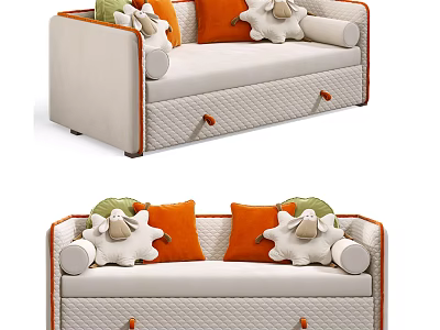 Beige Sectional Sofa with Orange Trim Cushions White Stuffed Sheep and Drawers 3d model