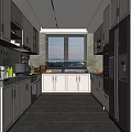Modern Kitchen Interior With Light Gray Cabinets Large Window Natural Light And Dark Countertop 3d model