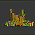 Lush Green Grassy Scene with Wooden Stumps Red and Orange Mushrooms and Small Plants