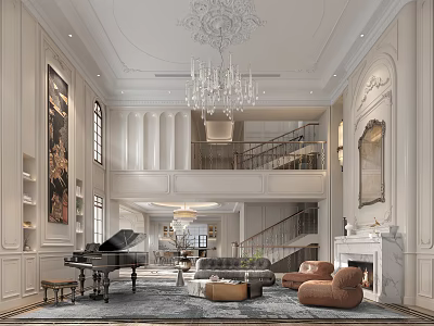 Elegant Classic Living Room Interior With Ornate Chandelier Decorative Moldings Fireplace Grand Piano And Staircase 3d model