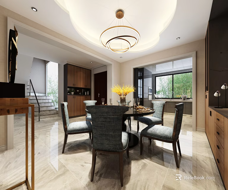 Modern Elegant Dining And Living Space With Marble Floor Round Dining Table And Stylish Chandelier 3d model 