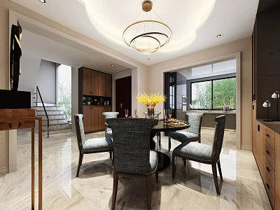 Modern Elegant Dining And Living Space With Marble Floor Round Dining Table And Stylish Chandelier 3d model
