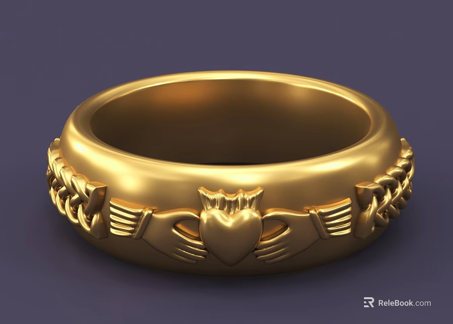 Elegant Gold Claddagh Ring With Engraved Heart Hands And Crown Design 3d model