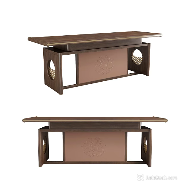 Classic Wooden Desk Featuring Intricate Carved Patterns And Round Decorative Accents 3d model 