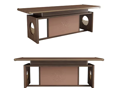 Classic Wooden Desk Featuring Intricate Carved Patterns And Round Decorative Accents 3d model