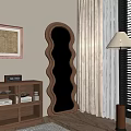 Curved Mirror in Interior with Wooden Cabinet Framed Painting Table Lamp Curtains and Blinds