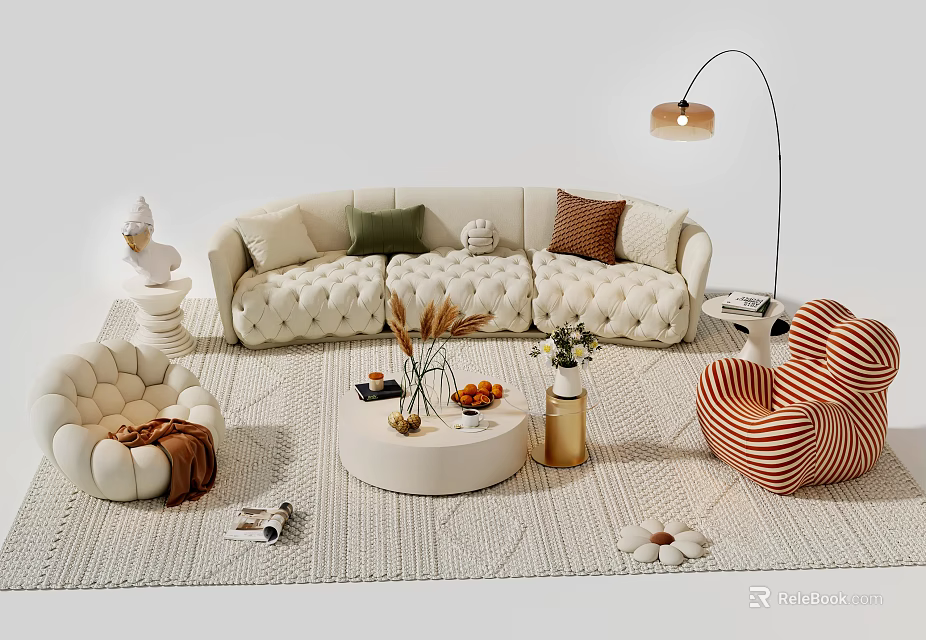 Tufted Beige Sofa Coffee Table Combination With Round White Table Floor Lamp And Decorative Vases 3d model 