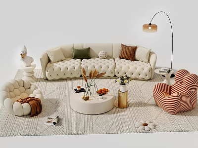 French Cream Sofa Combination Leisure Sofa Internet Popular Sofa Living Room Sofa Coffee Table Beauty Salon Reception Area Sofa Carpet