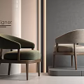 Stylish Modern Designer Green Beige Upholstered Accent Chairs With Wooden Legs