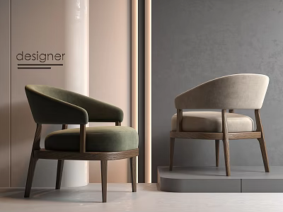 Stylish Modern Designer Green Beige Upholstered Accent Chairs With Wooden Legs 3d model