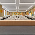Modern Conference Room With Auditorium Seating Wooden Desks Colorful Curtains And Geometric Walls