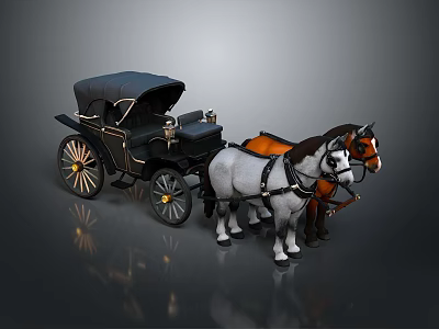 Vintage Horse Drawn Carriage with White and Brown Horses Black Top Classic Wheels 3d model