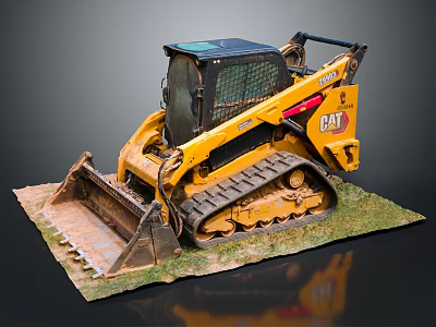 CAT Yellow Tracked Skid Steer Loader Model Displayed On Green Base With Gray Background 3d model