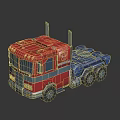 Red and Blue Toy Truck with Two Smokestacks and Autobot Logo