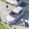 Parking Lot With Parked Cars Pedestrians Walking Yellow Parking Lines Street Lamp Green Grass Edge