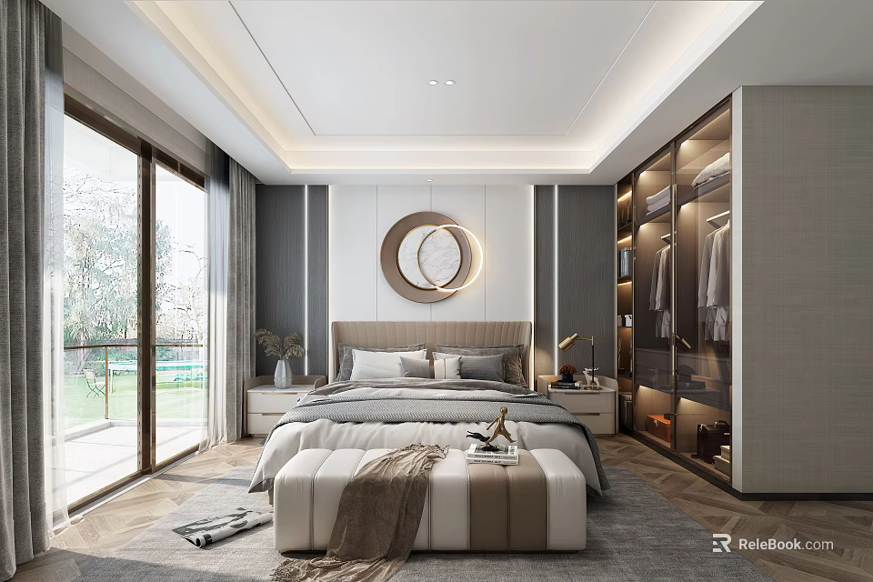 Elegant Modern Bedroom Interior With Large Bed Circular Mirror And Floor to Ceiling Windows 3d model 