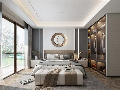 Elegant Modern Bedroom Interior With Large Bed Circular Mirror And Floor to Ceiling Windows 3d model