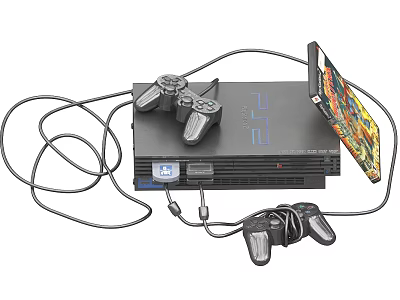 PS2 Digital Gaming Console With Two Controllers Connected Cables And Game Display Screen 3d model