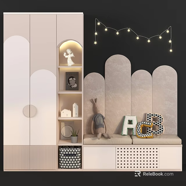 Modern Arched Wardrobe with Storage Shelves Featuring Stuffed Rabbit Letter Decor and String Lights 3d model 