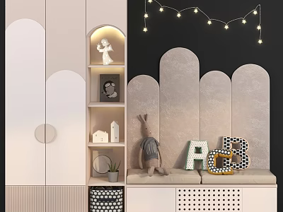 Modern Arched Wardrobe with Storage Shelves Featuring Stuffed Rabbit Letter Decor and String Lights 3d model