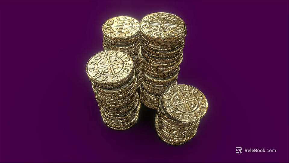 Elegant Gold Jewelry Pieces With Cross Symbols Stacked On Purple Background 3d model 